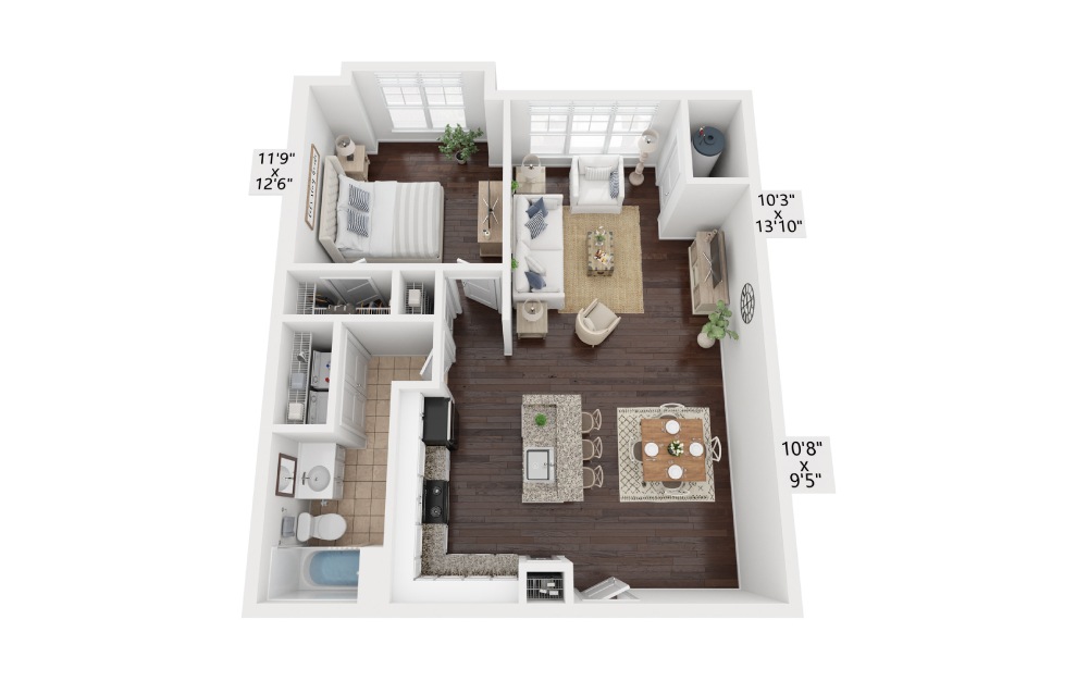 A3 - 1 bedroom floorplan layout with 1 bath and 820 square feet.