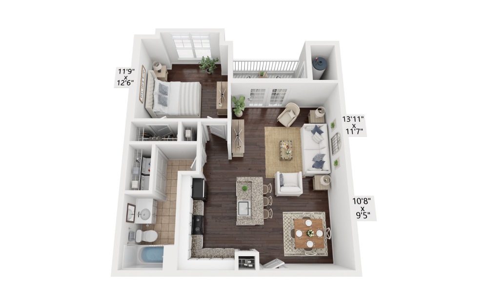 A4 - 1 bedroom floorplan layout with 1 bathroom and 848 - 929 square feet