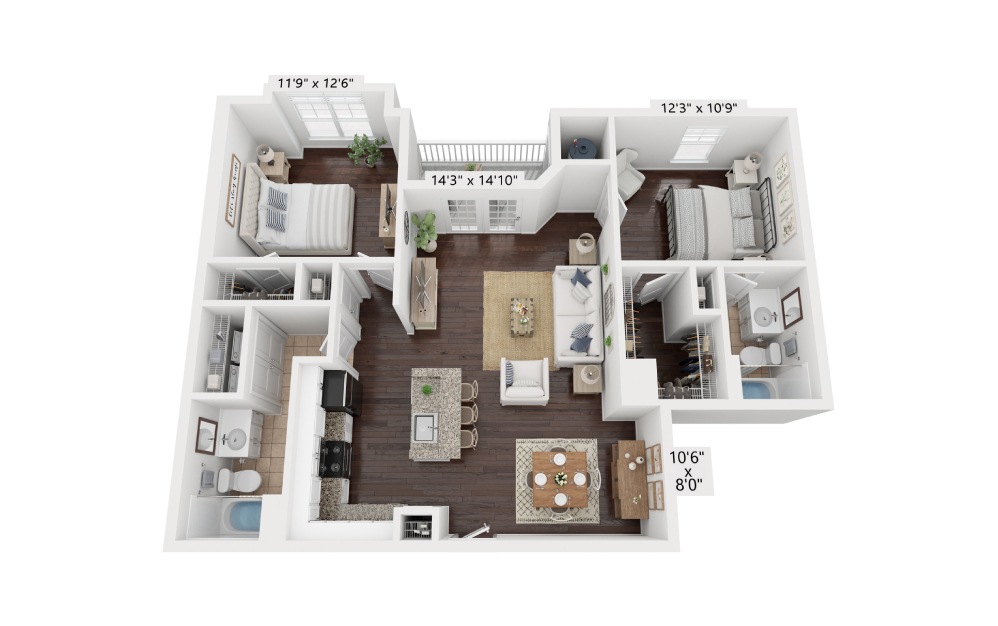 B1 - 2 bedroom floorplan layout with 2 bathrooms and 1120 - 1143 square feet (3D)