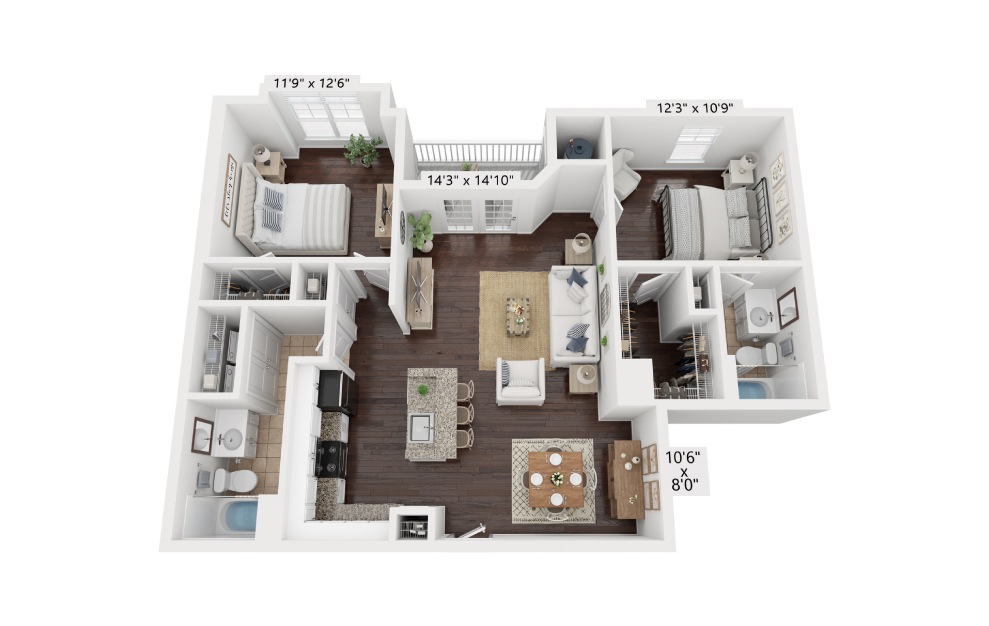 B1 - 2 bedroom floorplan layout with 2 baths and 1120 to 1143 square feet. (3D)