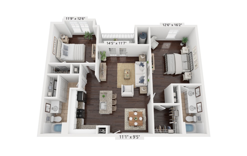 B3 - 2 bedroom floorplan layout with 2 baths and 1209 to 1231 square feet.