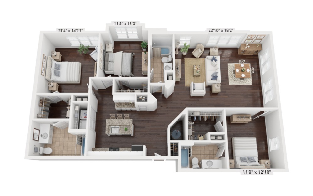 C1 - 3 bedroom floorplan layout with 3 bathrooms and 1711 square feet (3D)