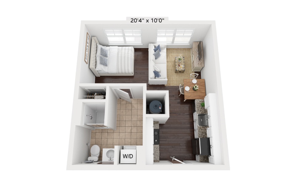 S1 - Studio floorplan layout with 1 bath and 466 square feet. (3D)