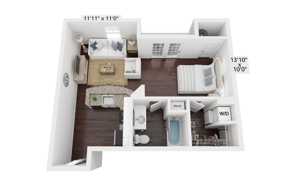 S2 - Studio floorplan layout with 1 bath and 621 to 659 square feet. (3D)